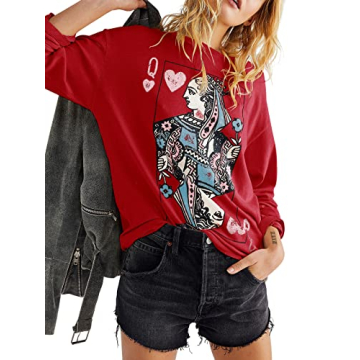 Fazortev Womens Crewneck Graphic Sweatshirts Queen Of Hearts Long Sleeve Shirts Cute Loose Fit Casual Pullover Tops Red