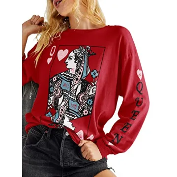 Fazortev Womens Crewneck Graphic Sweatshirts Queen Of Hearts Long Sleeve Shirts Cute Loose Fit Casual Pullover Tops Red