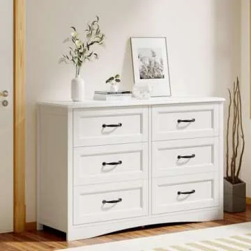 Gizoon 6 Drawer Dresser for Bedroom，47'' Larger Chest of Drawers with Mental Handle for Kids Room, White Dresser with 6 Storage Drawers for Living Room, Entryway and Hallway, White