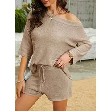 Mafulus Women's 2 Piece Outfits Sweater Sets Off Shoulder Knit Top Shorts Matching Suits Cute Pajama Lounge Set