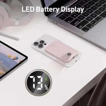 iWALK Magnetic Portable Charger,5000mAh 18W Wireless Slim Power Bank Battery Pack with LED Display and Comfortable Grip Only Compatible with iPhone 16/16 Pro/16 Pro Max/15/14/13/12 Series,Pink