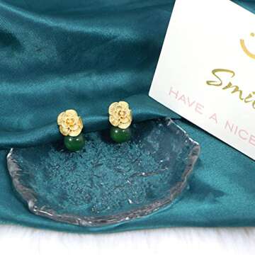 ELEXIS Green Real Jade Stud Earrings For Women Trendy Crystal Gemstone Betsey Johnson Unique Van Cle...