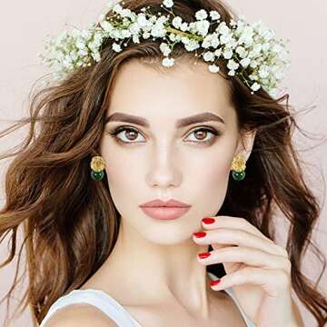 ELEXIS Green Real Jade Stud Earrings For Women Trendy Crystal Gemstone Betsey Johnson Unique Van Cleef Dainty Emerald Jewelry Set For Girls Bling Daisy… (gold fiower)