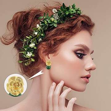 ELEXIS Green Real Jade Stud Earrings For Women Trendy Crystal Gemstone Betsey Johnson Unique Van Cleef Dainty Emerald Jewelry Set For Girls Bling Daisy… (gold fiower)