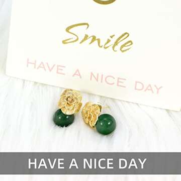 ELEXIS Green Real Jade Stud Earrings For Women Trendy Crystal Gemstone Betsey Johnson Unique Van Cleef Dainty Emerald Jewelry Set For Girls Bling Daisy… (gold fiower)