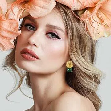 ELEXIS Green Real Jade Stud Earrings For Women Trendy Crystal Gemstone Betsey Johnson Unique Van Cleef Dainty Emerald Jewelry Set For Girls Bling Daisy… (gold fiower)