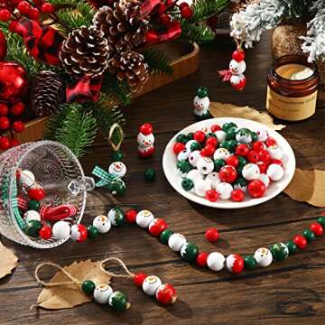 120 Pieces Christmas Snowman Wooden Beads Winter Wooden Bead Christmas Print Wooden Beads Christmas ...