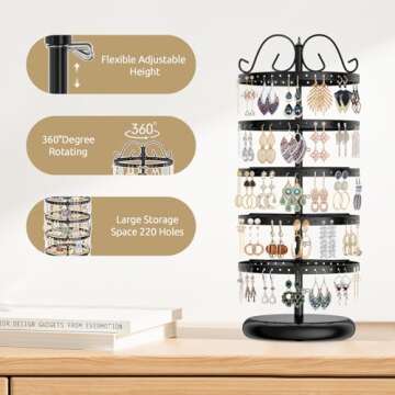 LASZOLA 5 Tier Black Earring Holder Organizer Tree Women Display Storage for Stud and Hoop, Large Cool Rotating Clip Stand for Pierced and Dangle Earring, Vertical Metal Tower Carousel with 220 Holes