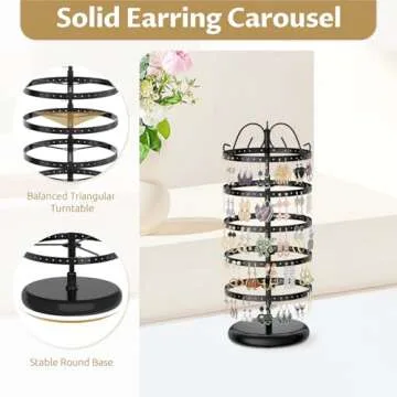 LASZOLA 5 Tier Black Earring Holder Organizer Tree Women Display Storage for Stud and Hoop, Large Cool Rotating Clip Stand for Pierced and Dangle Earring, Vertical Metal Tower Carousel with 220 Holes