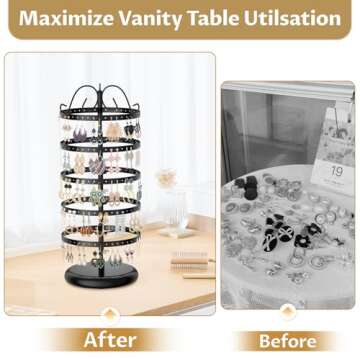 LASZOLA 5 Tier Black Earring Holder Organizer Tree Women Display Storage for Stud and Hoop, Large Cool Rotating Clip Stand for Pierced and Dangle Earring, Vertical Metal Tower Carousel with 220 Holes