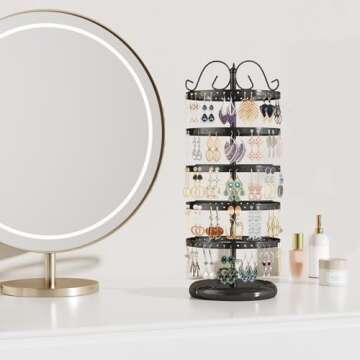 LASZOLA 5 Tier Black Earring Holder Organizer Tree Women Display Storage for Stud and Hoop, Large Cool Rotating Clip Stand for Pierced and Dangle Earring, Vertical Metal Tower Carousel with 220 Holes