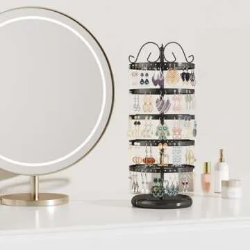 LASZOLA 5 Tier Black Earring Holder Organizer Tree Women Display Storage for Stud and Hoop, Large Cool Rotating Clip Stand for Pierced and Dangle Earring, Vertical Metal Tower Carousel with 220 Holes