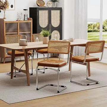 Alunaune Modern Mid Century Brown Dining Chairs Set of 2, Upholstered Natural Rattan Kitchen Chairs, Armless Accent Chair Side Chairs with Metal Chrome Legs for Bedroom Living Room-PU Seat