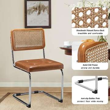 Alunaune Modern Mid Century Brown Dining Chairs Set of 2, Upholstered Natural Rattan Kitchen Chairs, Armless Accent Chair Side Chairs with Metal Chrome Legs for Bedroom Living Room-PU Seat