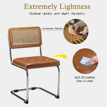 Alunaune Modern Mid Century Brown Dining Chairs Set of 2, Upholstered Natural Rattan Kitchen Chairs, Armless Accent Chair Side Chairs with Metal Chrome Legs for Bedroom Living Room-PU Seat