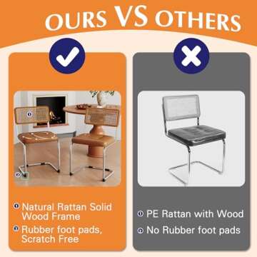 Alunaune Modern Mid Century Brown Dining Chairs Set of 2, Upholstered Natural Rattan Kitchen Chairs, Armless Accent Chair Side Chairs with Metal Chrome Legs for Bedroom Living Room-PU Seat