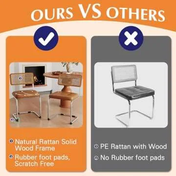 Alunaune Modern Mid Century Brown Dining Chairs Set of 2, Upholstered Natural Rattan Kitchen Chairs, Armless Accent Chair Side Chairs with Metal Chrome Legs for Bedroom Living Room-PU Seat