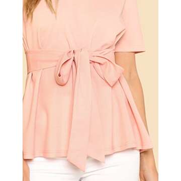 Floerns Women's Tie Waist Knot Summer Keyhole Short Sleeve Top Blouse Pink M