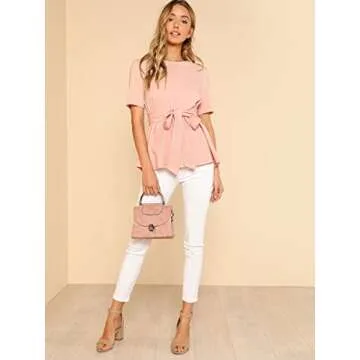 Floerns Women's Tie Waist Knot Summer Keyhole Short Sleeve Top Blouse Pink M