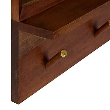 Kate and Laurel Hinter Mid-Century Wood Framed Pub Mirror, 36 x 24, Walnut, Modern Wall Organizer with Mirror and Five Hooks