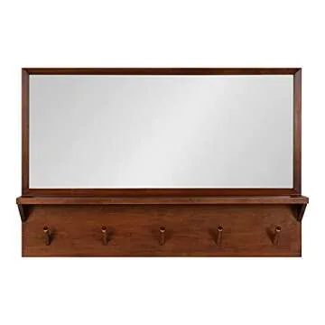 Kate and Laurel Hinter Mid-Century Wood Framed Pub Mirror, 36 x 24, Walnut, Modern Wall Organizer with Mirror and Five Hooks