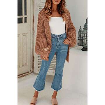 MEROKEETY Womens Open Front Cardigans Long Sleeve Oversized Chunky Cable Knit Sweater Outwear Coat Khaki