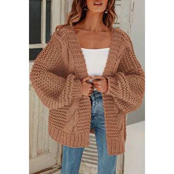 MEROKEETY Womens Open Front Cardigans Long Sleeve Oversized Chunky Cable Knit Sweater Outwear Coat Khaki