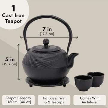 Cast Iron Teapot, Japanese Tetsubin Kettle Set with 2 Cups, Tea Infuser (1200 ml, Black)