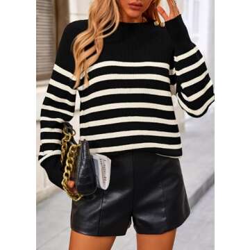 KIRUNDO Women's Striped Sweaters 2024 Fall Winter Outfits Crewneck Ribbed Knit Pullover Trendy Tops with Metal Buttons (Black,Small)