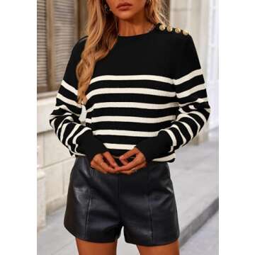 KIRUNDO Women's Striped Sweaters 2024 Fall Winter Outfits Crewneck Ribbed Knit Pullover Trendy Tops with Metal Buttons (Black,Small)