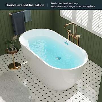 FerdY Bali 55" Acrylic Freestanding Bathtub, Gracefully Shaped Freestanding Soaking Bathtub, Glossy White cUPC Certified, Toe-Tap Chrome Drain and Classic Slotted Overflow Included