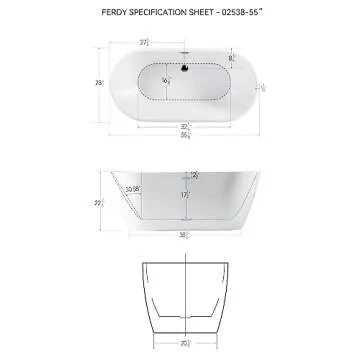 FerdY Bali 55" Acrylic Freestanding Bathtub, Gracefully Shaped Freestanding Soaking Bathtub, Glossy White cUPC Certified, Toe-Tap Chrome Drain and Classic Slotted Overflow Included
