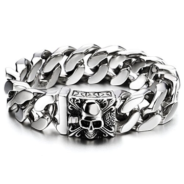 COOLSTEELANDBEYOND Mens Large Stainless Steel Curb Chain Bracelet with Fleur De Lis and Skull, Polis...