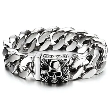 COOLSTEELANDBEYOND Mens Large Stainless Steel Curb Chain Bracelet with Fleur De Lis and Skull, Polis...