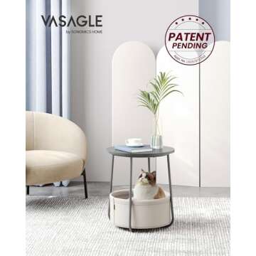 VASAGLE End Table, Small Bedside Table with Fabric Basket, Modern Nightstand, Round Side Table, for Living Room, Bedroom, Cement Gray and Cream White ULET223G49