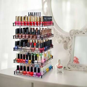 J JACKCUBE DESIGN Nail Polish Organizer, 5 Tier Acrylic 360 Rotating Display Rack Stand Makeup Cosmetics Storage Box Carousel Shelf with Black Iron Guard, Hold Up to 310 – MK302-5