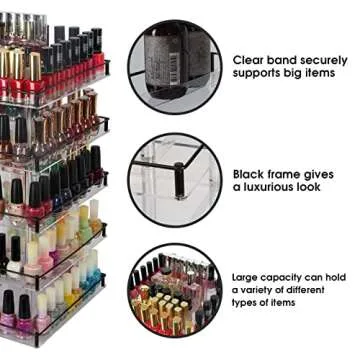 J JACKCUBE DESIGN Nail Polish Organizer, 5 Tier Acrylic 360 Rotating Display Rack Stand Makeup Cosmetics Storage Box Carousel Shelf with Black Iron Guard, Hold Up to 310 – MK302-5