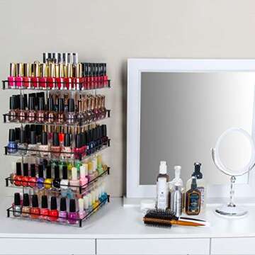 J JACKCUBE DESIGN Nail Polish Organizer, 5 Tier Acrylic 360 Rotating Display Rack Stand Makeup Cosmetics Storage Box Carousel Shelf with Black Iron Guard, Hold Up to 310 – MK302-5