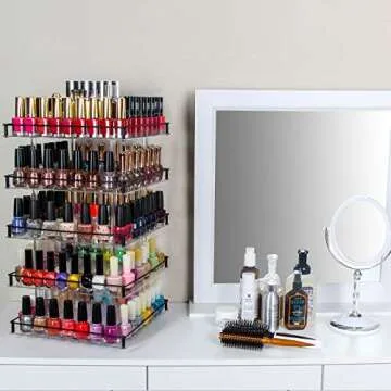 J JACKCUBE DESIGN Nail Polish Organizer, 5 Tier Acrylic 360 Rotating Display Rack Stand Makeup Cosmetics Storage Box Carousel Shelf with Black Iron Guard, Hold Up to 310 – MK302-5