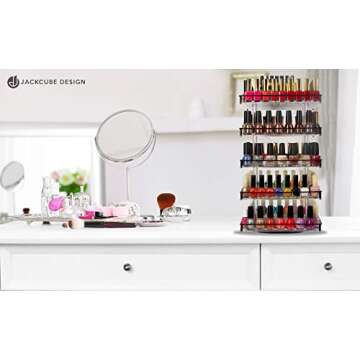 J JACKCUBE DESIGN Nail Polish Organizer, 5 Tier Acrylic 360 Rotating Display Rack Stand Makeup Cosmetics Storage Box Carousel Shelf with Black Iron Guard, Hold Up to 310 – MK302-5