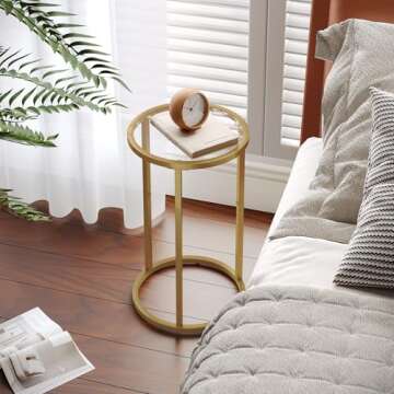 SAYGOER Round Side Table Small Gold End Table for Small Spaces 11.8" x 19.7" Narrow Couch Night Stand Modern Bedside Table for Living Room Bedroom, Easy Assembly