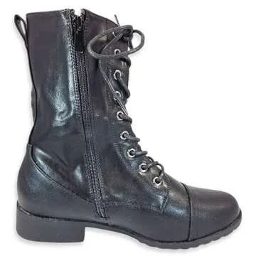 Forever Link Womens Round Toe Military Lace up Knit Ankle Cuff Low Heel Combat Boots (8.5 M US, Blac...