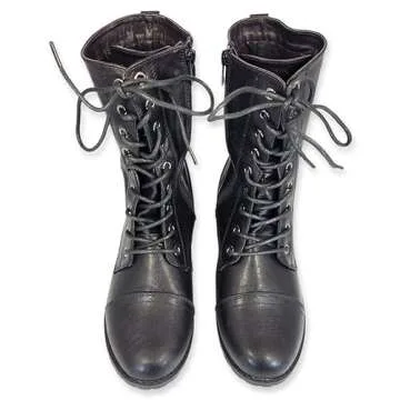 Forever Link Womens Round Toe Military Lace up Knit Ankle Cuff Low Heel Combat Boots (8.5 M US, Black)