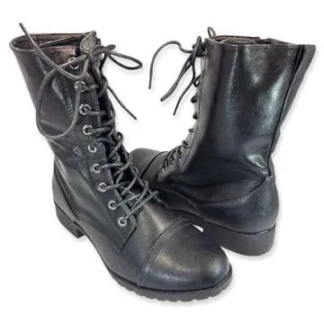 Forever Link Womens Round Toe Military Lace up Knit Ankle Cuff Low Heel Combat Boots (8.5 M US, Black)