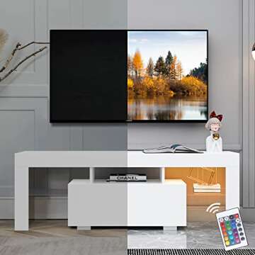 Lecut LED TV Stand for 55 inch TVs High Gloss Gaming Entertainment Center with Large Drawer and Open Shelf Mid Century Media Console Table Cabinet for Living Room White
