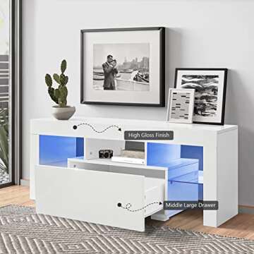 Lecut LED TV Stand for 55 inch TVs High Gloss Gaming Entertainment Center with Large Drawer and Open Shelf Mid Century Media Console Table Cabinet for Living Room White