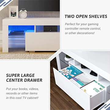 Lecut LED TV Stand for 55 inch TVs High Gloss Gaming Entertainment Center with Large Drawer and Open Shelf Mid Century Media Console Table Cabinet for Living Room White