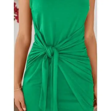 LILLUSORY Women Summer Tie Wrap Tank Short Mini Tshirt Dresses 2025 Trendy Spring Sun Vacation Outfits Casual Work Cute Bodycon Ruched Little T Shirt Sundress Clothes Green S