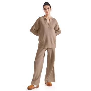 SUUKSESS Women 2 piece Fall outfits Long Sleeve Oversized Matching Lounge Set Waffle Knit Polo Sweater sets (Khaki,M)