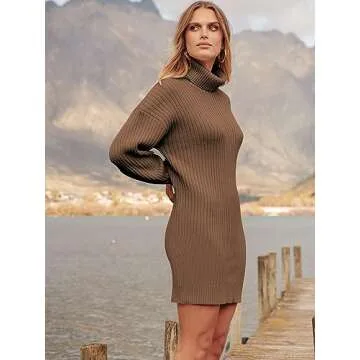 ANRABESS Women Oversized Sweater Dress Turtleneck Batwing Long Sleeve Ribbed Knit Loose 2024 Fall Winter Casual Short Dress 240zongtuo-S Camel